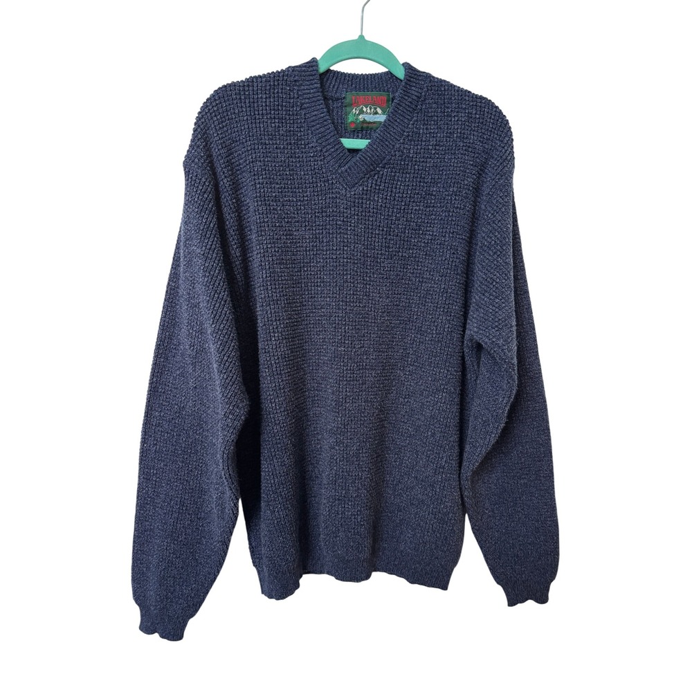 90s Lakeland Mens XL V Neck Waffle Knit Sweater Navy Blue Cotton Made in Canada